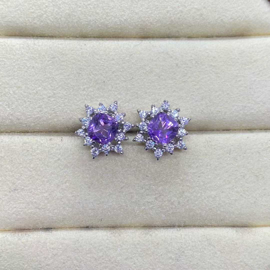 Natural Amethyst Floral Halo Stud Earrings in 925 Sterling Silver, 5mm Gemstones