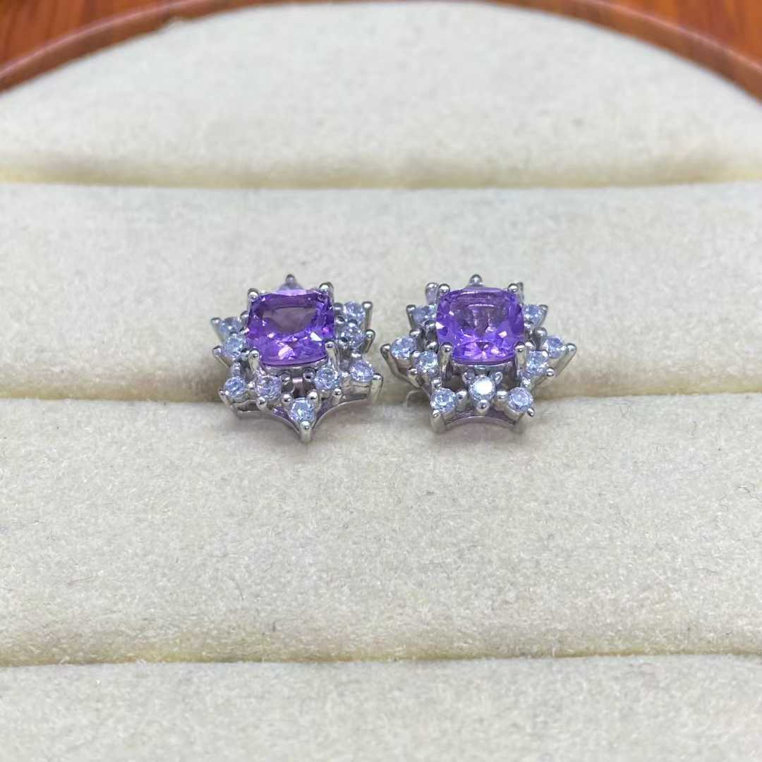 Natural Amethyst Floral Halo Stud Earrings in 925 Sterling Silver, 5mm Gemstones