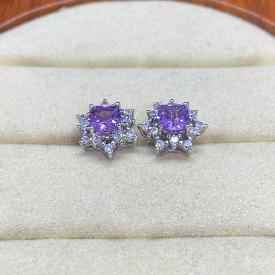 Natural Amethyst Floral Halo Stud Earrings in 925 Sterling Silver, 5mm Gemstones