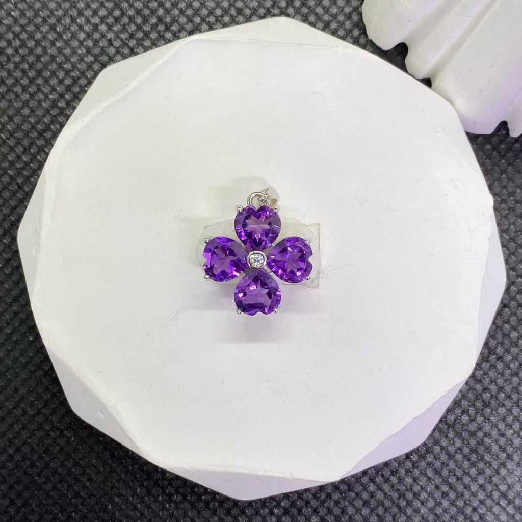 Natural Amethyst Four-Leaf Clover Pendant in 925 Sterling Silver, 6mm Gemstones