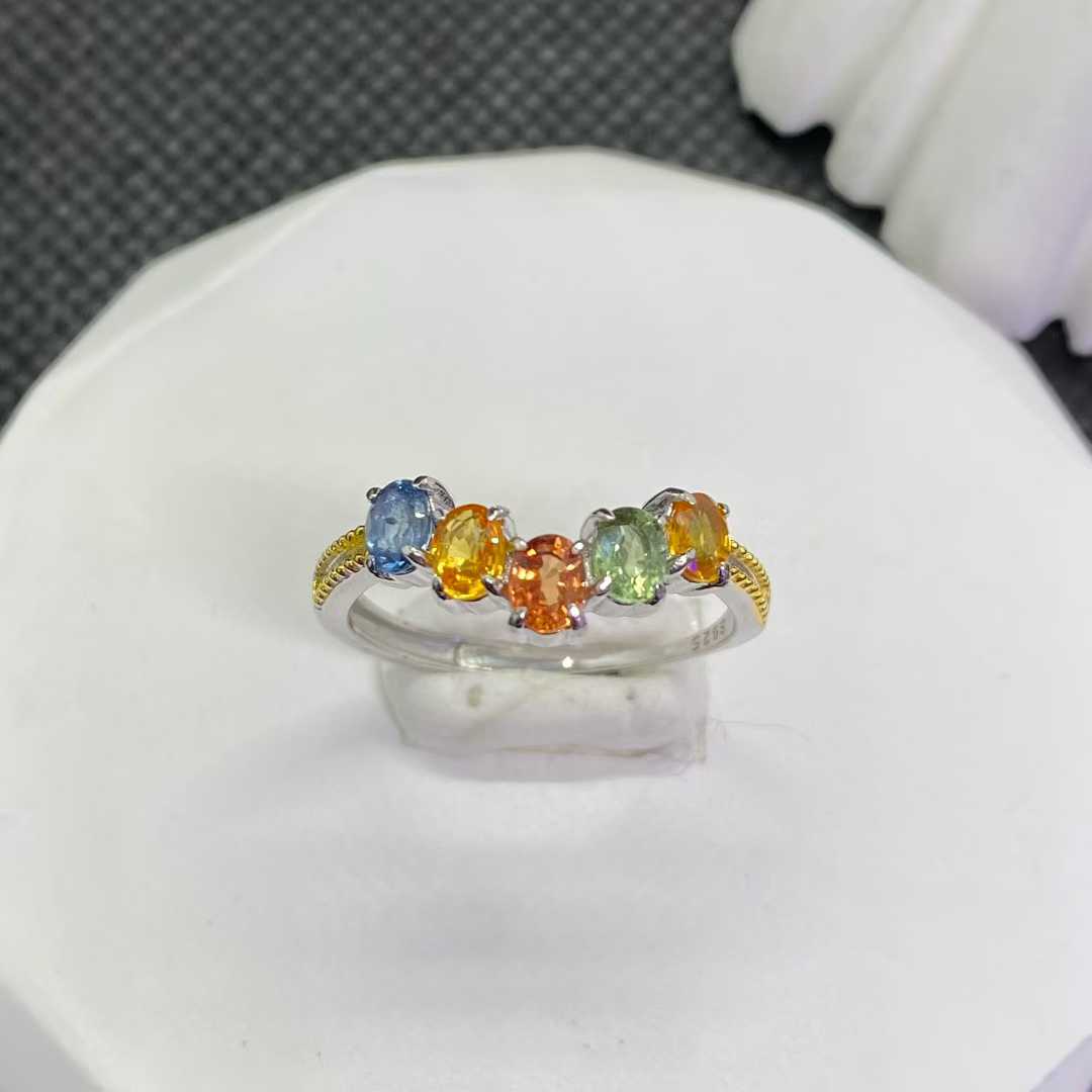 Natural Fancy-Color Sapphire Five-Stone Ring in 925 Sterling Silver, 3x4mm Gemstones