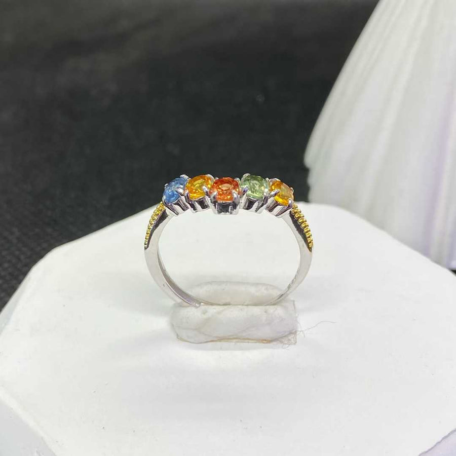 Natural Fancy-Color Sapphire Five-Stone Ring in 925 Sterling Silver, 3x4mm Gemstones