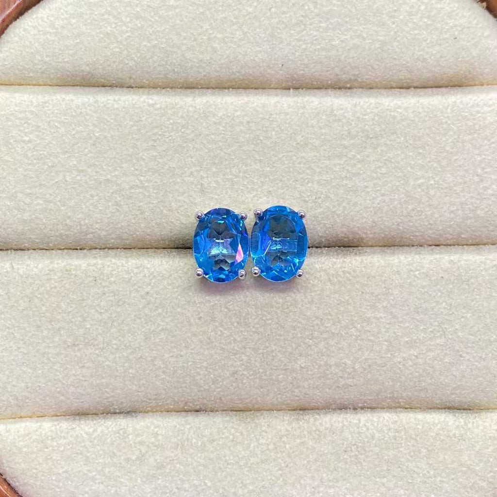 Natural Blue Topaz Stud Earrings in 925 Sterling Silver, 6×8mm Oval Gemstones