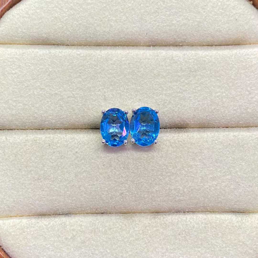 Natural Blue Topaz Stud Earrings in 925 Sterling Silver, 6×8mm Oval Gemstones