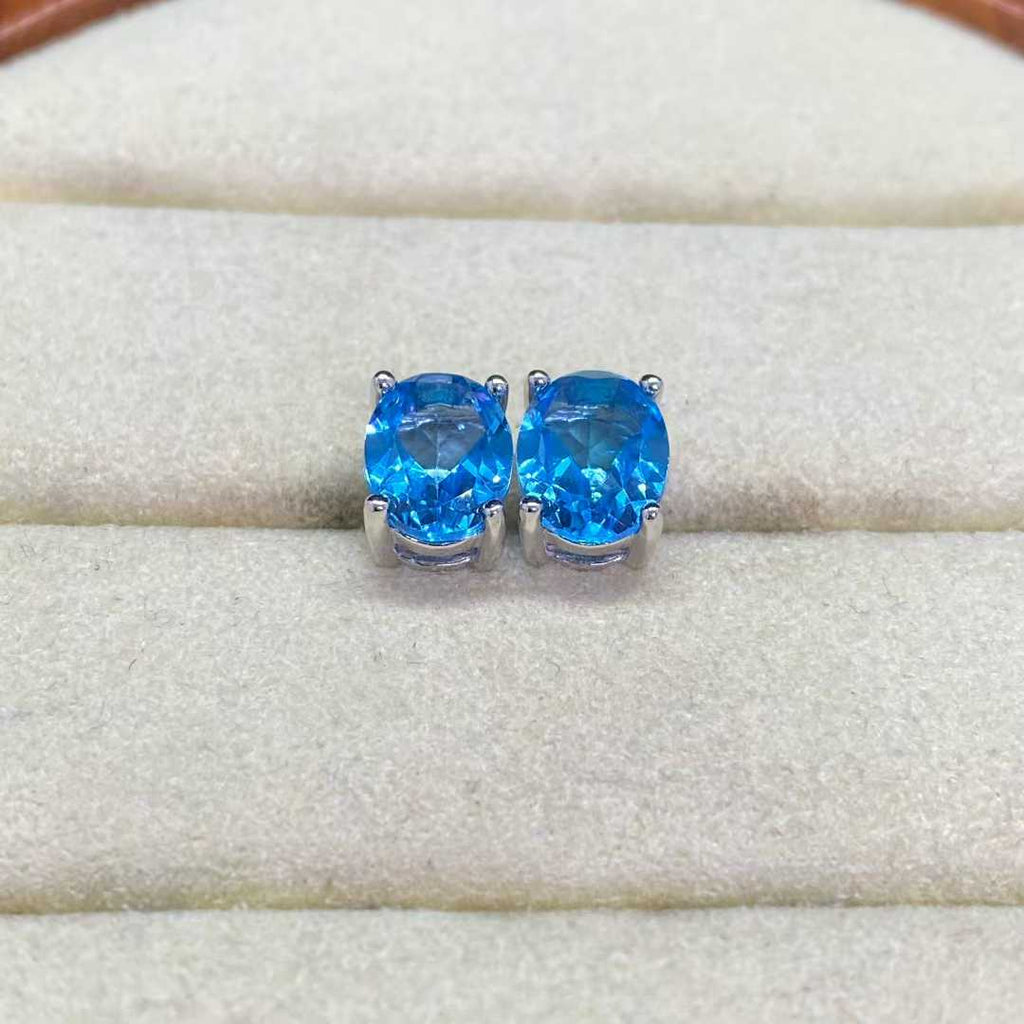 Natural Blue Topaz Stud Earrings in 925 Sterling Silver, 6×8mm Oval Gemstones