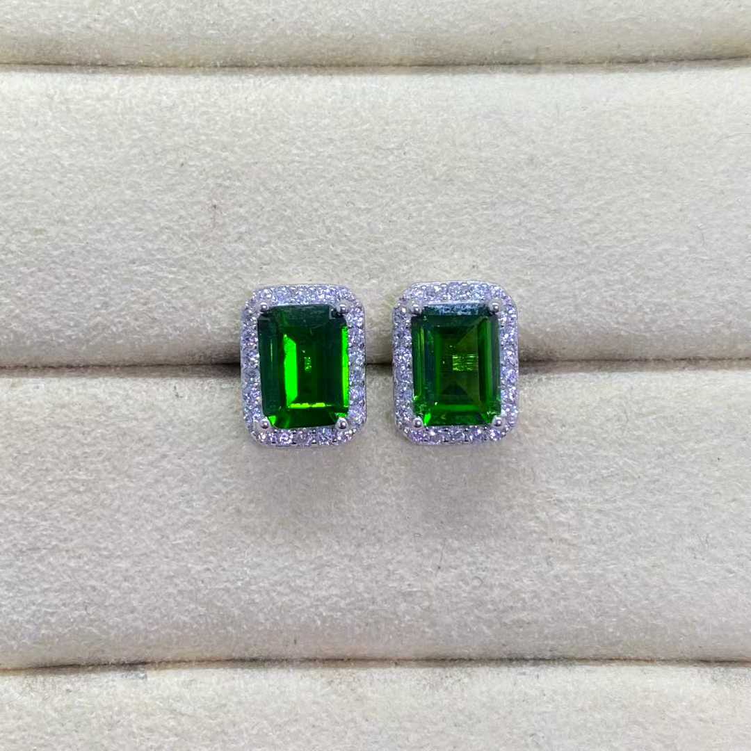 Natural Diopside Halo Stud Earrings in 925 Sterling Silver, 5×7mm Gemstones