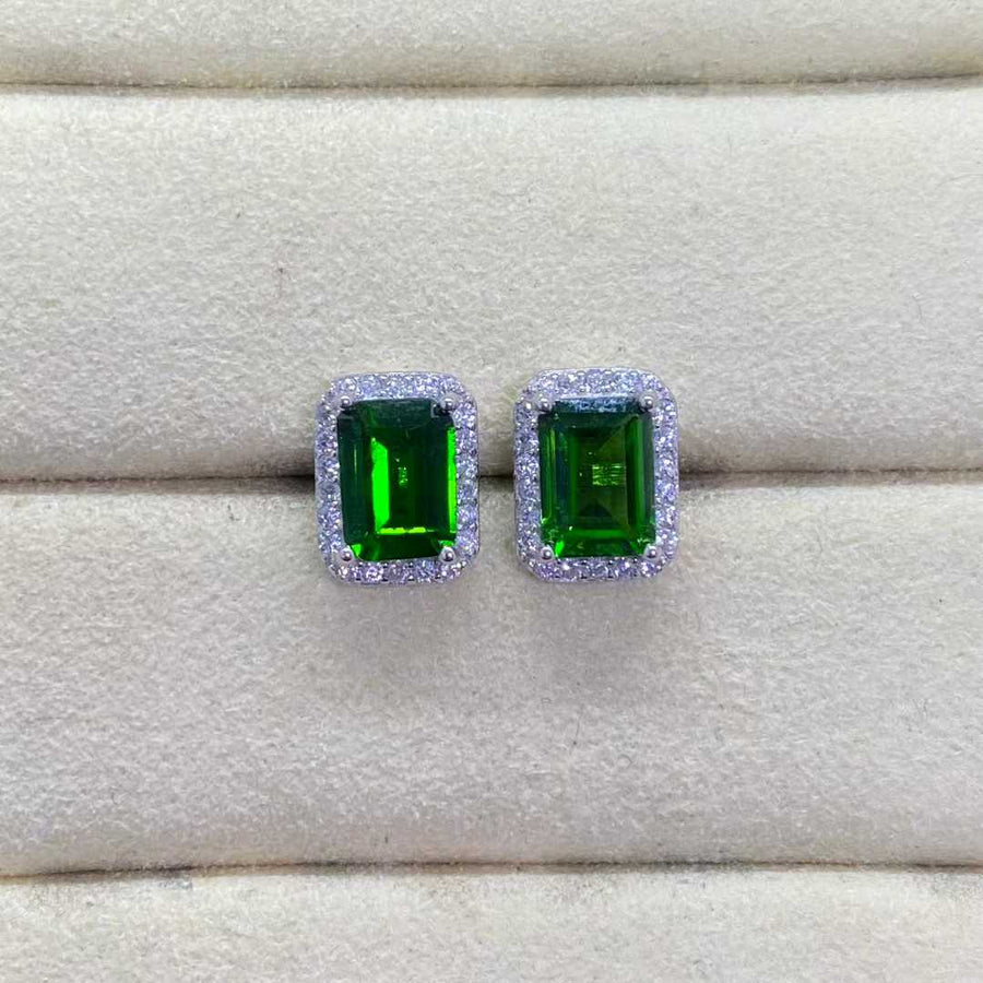 Natural Diopside Halo Stud Earrings in 925 Sterling Silver, 5×7mm Gemstones