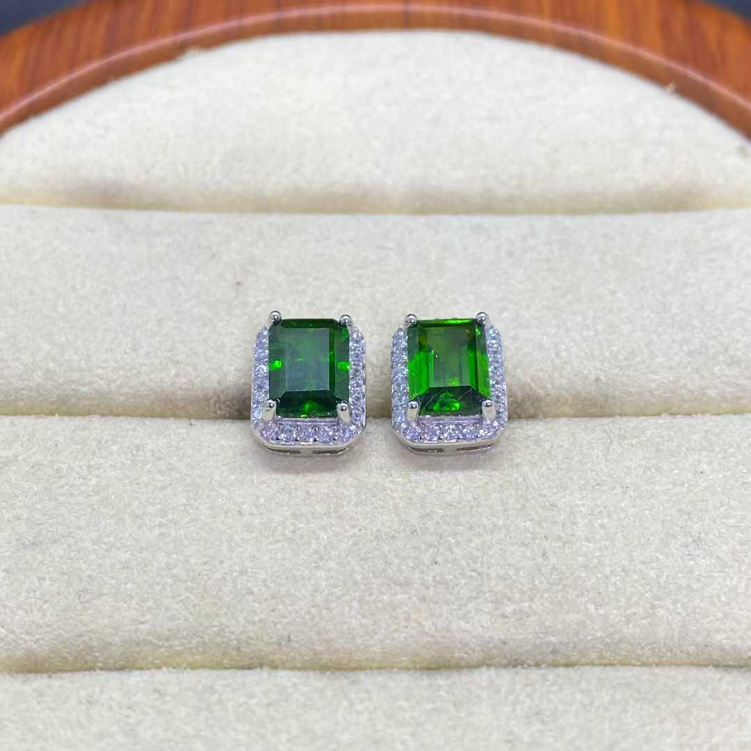 Natural Diopside Halo Stud Earrings in 925 Sterling Silver, 5×7mm Gemstones