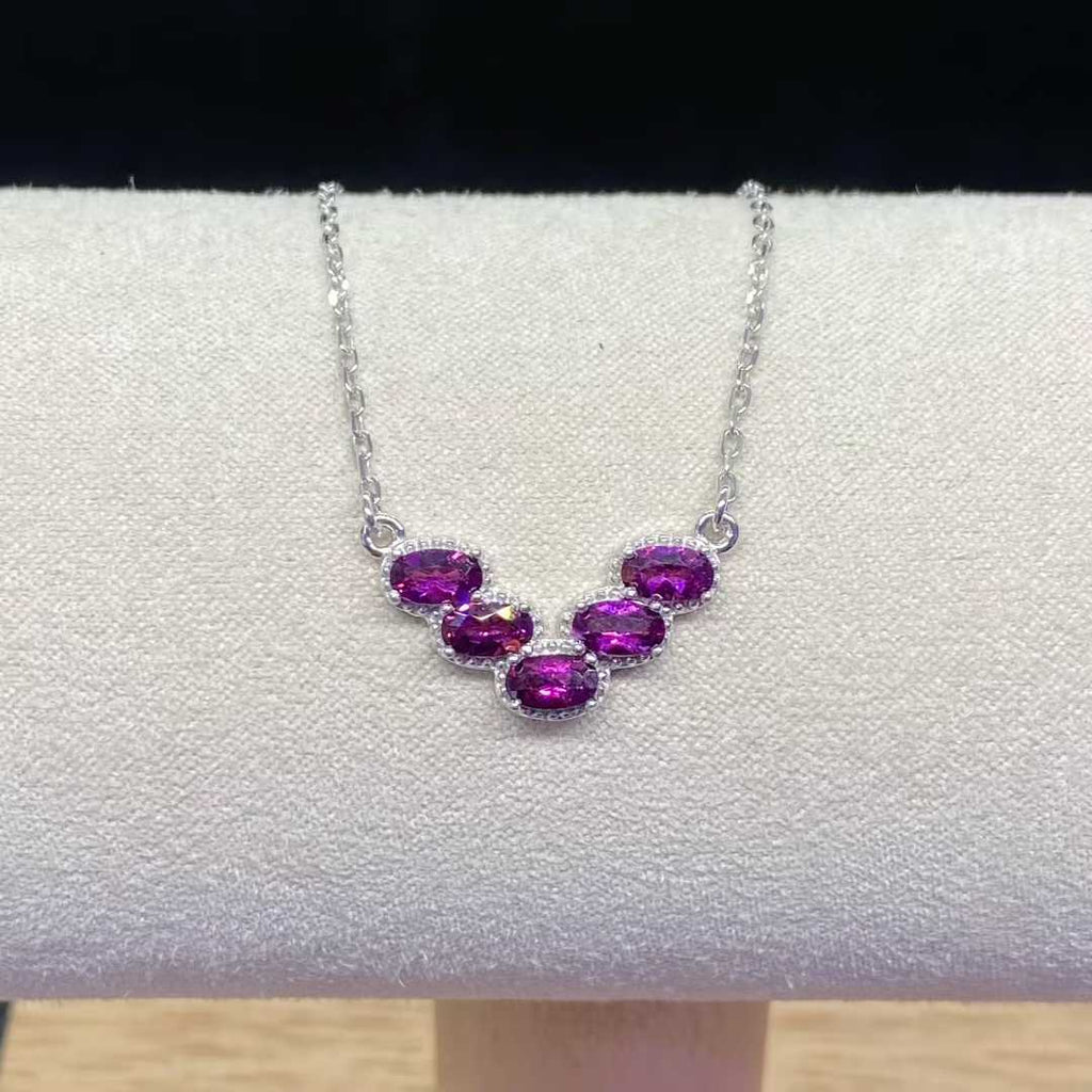 Natural Rhodolite Garnet Five-Stone Necklace in 925 Sterling Silver, 3×5mm Gemstones