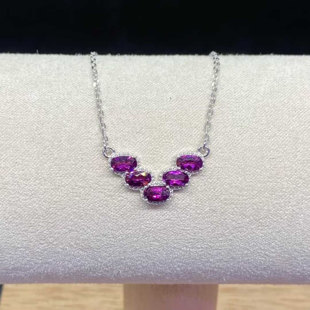 Natural Rhodolite Garnet Five-Stone Necklace in 925 Sterling Silver, 3×5mm Gemstones