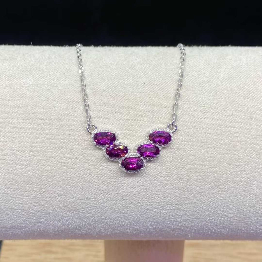 Natural Rhodolite Garnet Five-Stone Necklace in 925 Sterling Silver, 3×5mm Gemstones