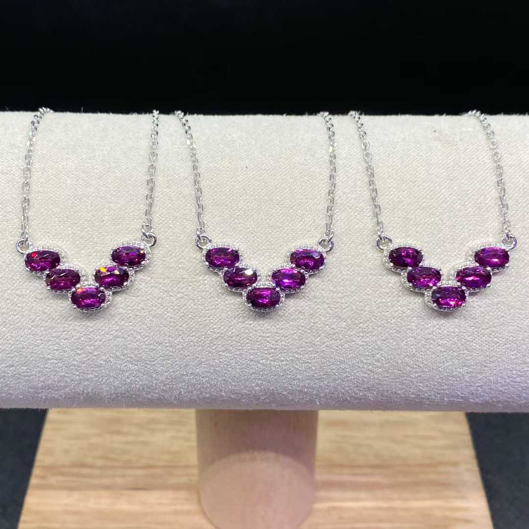 Natural Rhodolite Garnet Five-Stone Necklace in 925 Sterling Silver, 3×5mm Gemstones