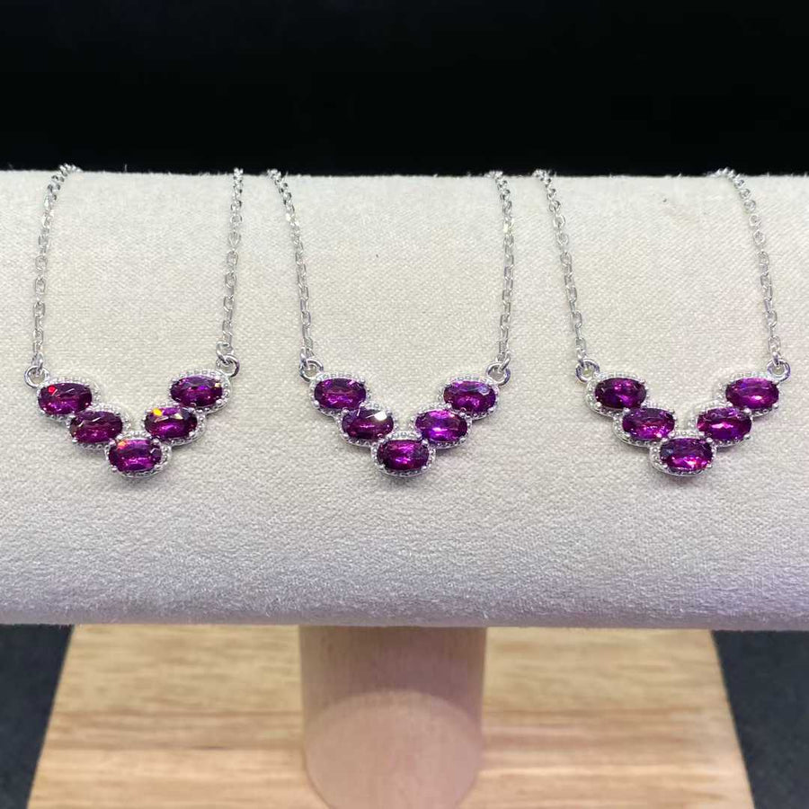 Natural Rhodolite Garnet Five-Stone Necklace in 925 Sterling Silver, 3×5mm Gemstones