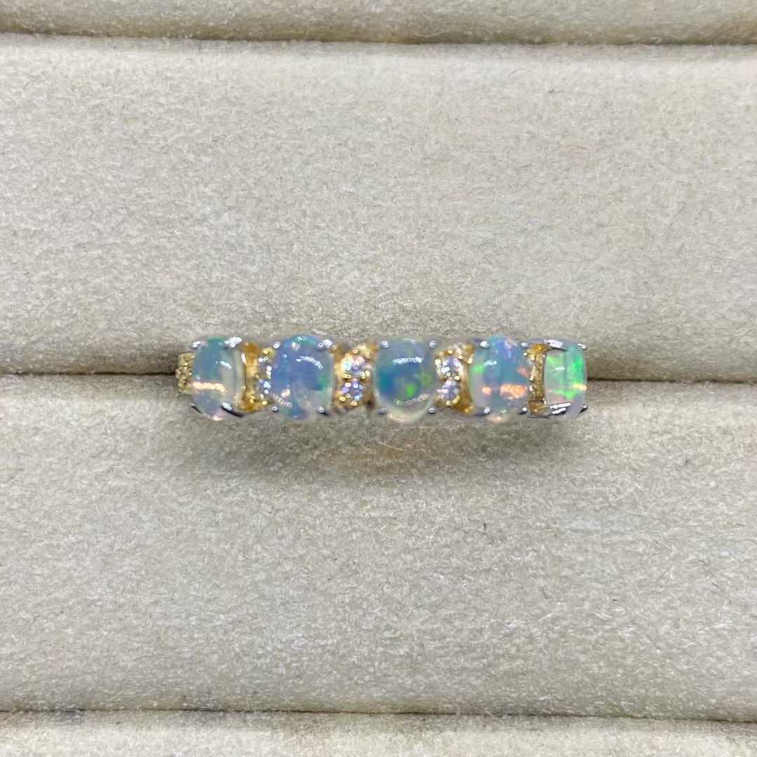 Natural Opal Five-Stone Ring in 925 Sterling Silver, 3x4mm Gemstones