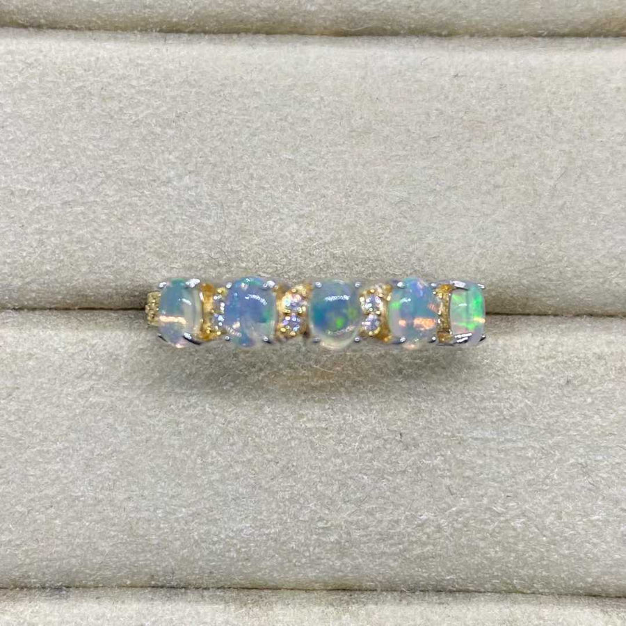 Natural Opal Five-Stone Ring in 925 Sterling Silver, 3x4mm Gemstones