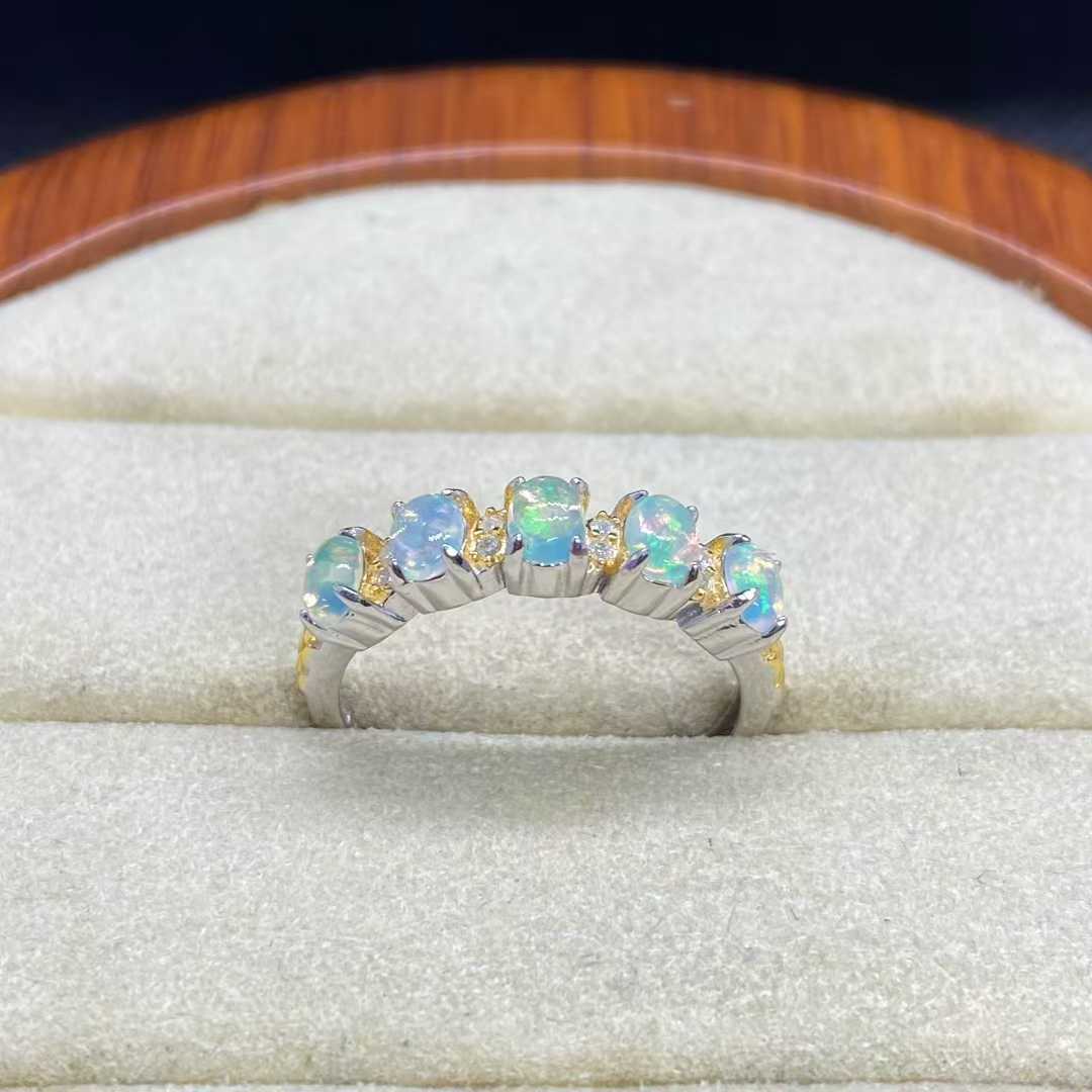 Natural Opal Five-Stone Ring in 925 Sterling Silver, 3x4mm Gemstones