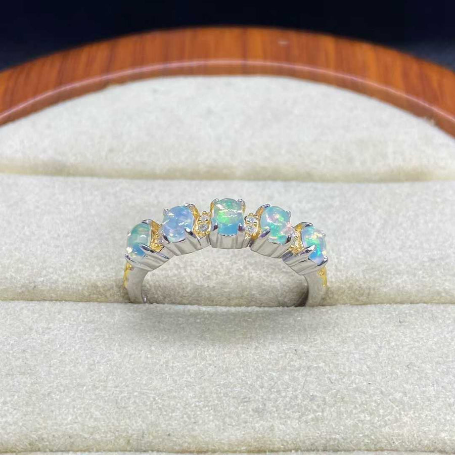 Natural Opal Five-Stone Ring in 925 Sterling Silver, 3x4mm Gemstones