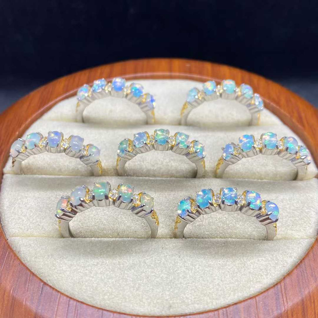 Natural Opal Five-Stone Ring in 925 Sterling Silver, 3x4mm Gemstones