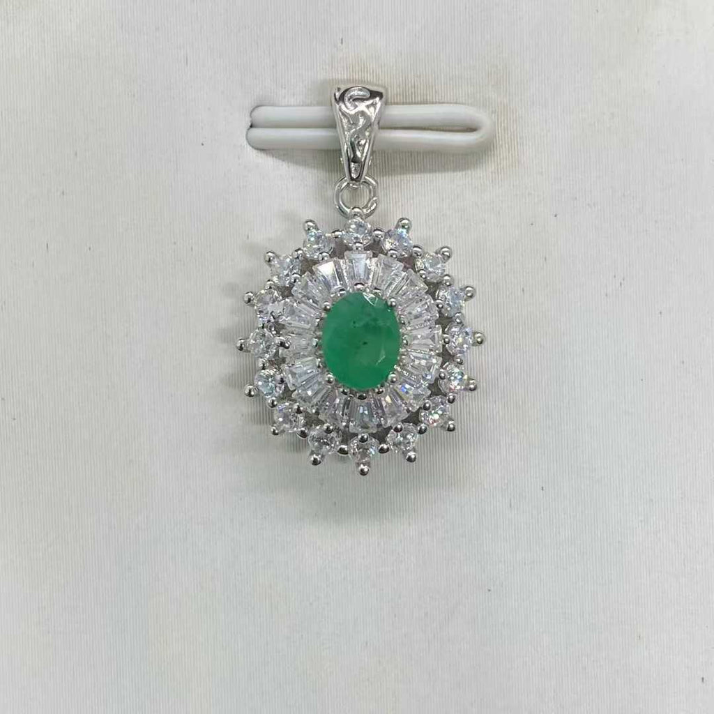 Natural Emerald Sunburst Halo Pendant in 925 Sterling Silver, 4×5mm Gemstone