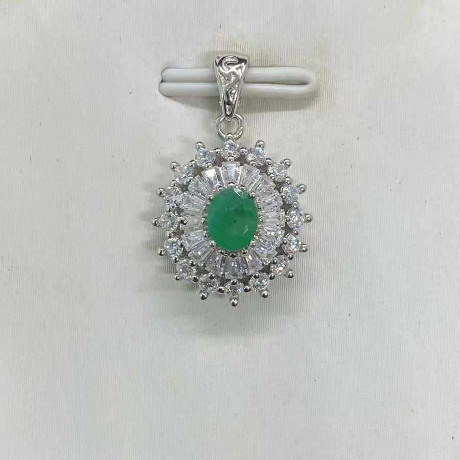 Natural Emerald Sunburst Halo Pendant in 925 Sterling Silver, 4×5mm Gemstone