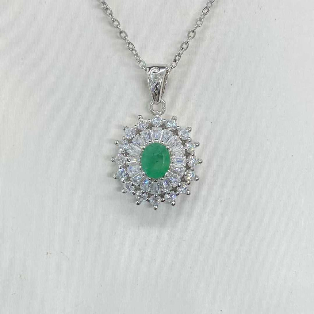 Natural Emerald Sunburst Halo Pendant in 925 Sterling Silver, 4×5mm Gemstone