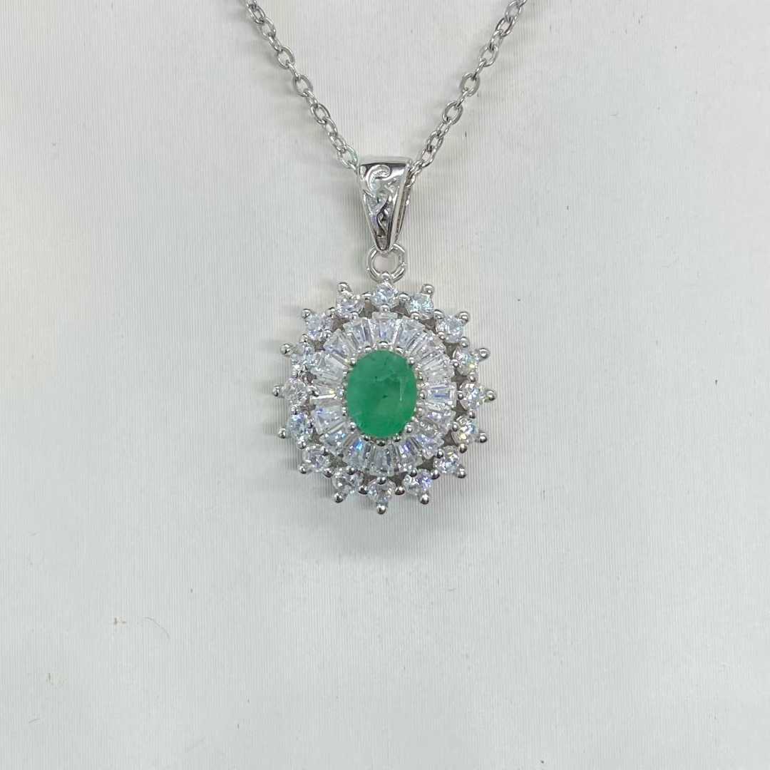 Natural Emerald Sunburst Halo Pendant in 925 Sterling Silver, 4×5mm Gemstone