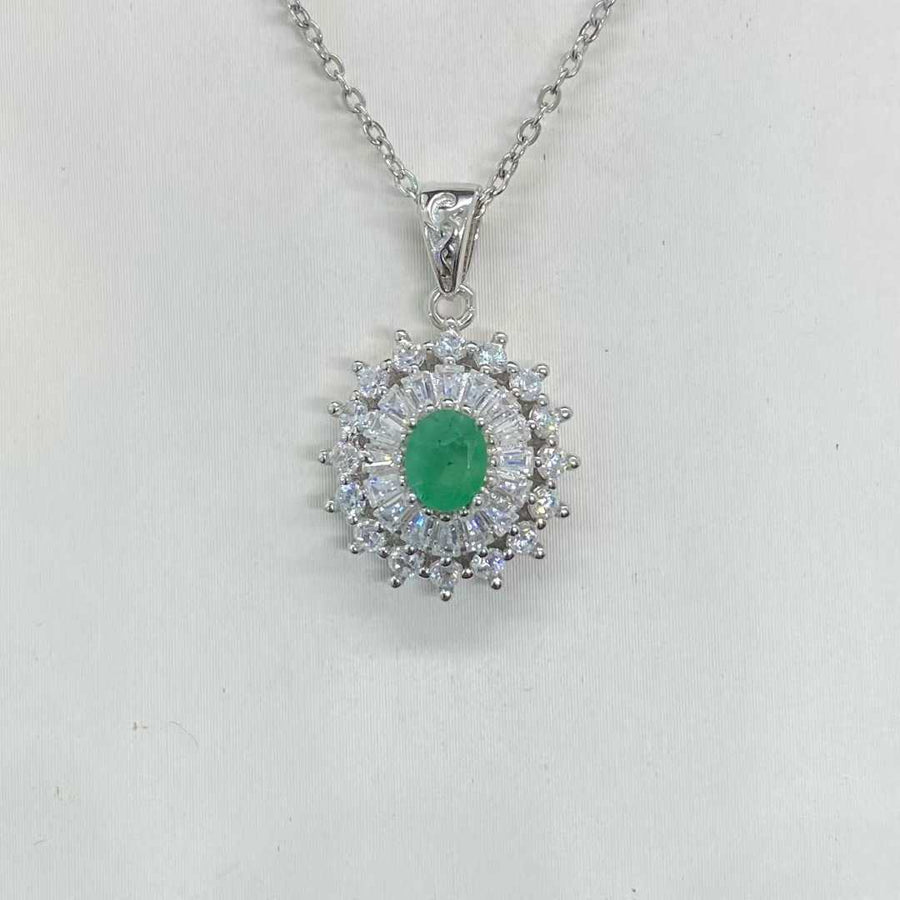 Natural Emerald Sunburst Halo Pendant in 925 Sterling Silver, 4×5mm Gemstone