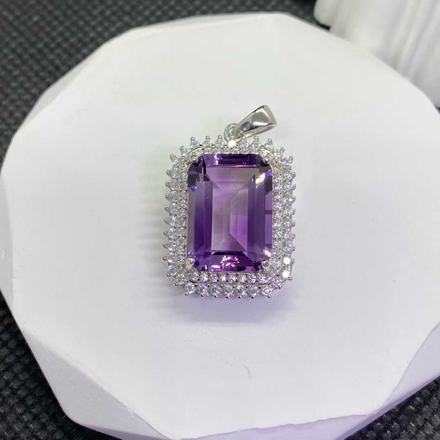 Natural Amethyst Double Halo Pendant in 925 Sterling Silver, 10×14mm Rectangular Gemstone