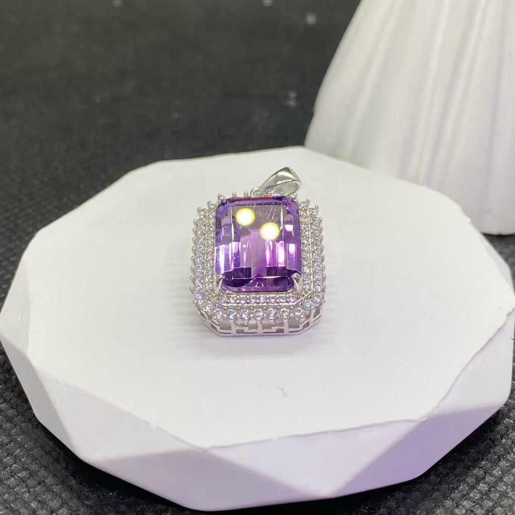 Natural Amethyst Double Halo Pendant in 925 Sterling Silver, 10×14mm Rectangular Gemstone
