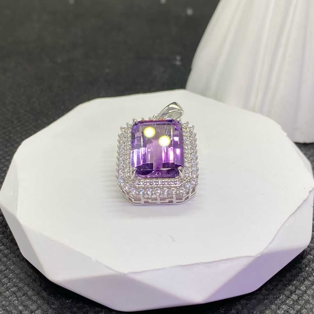 Natural Amethyst Double Halo Pendant in 925 Sterling Silver, 10×14mm Rectangular Gemstone