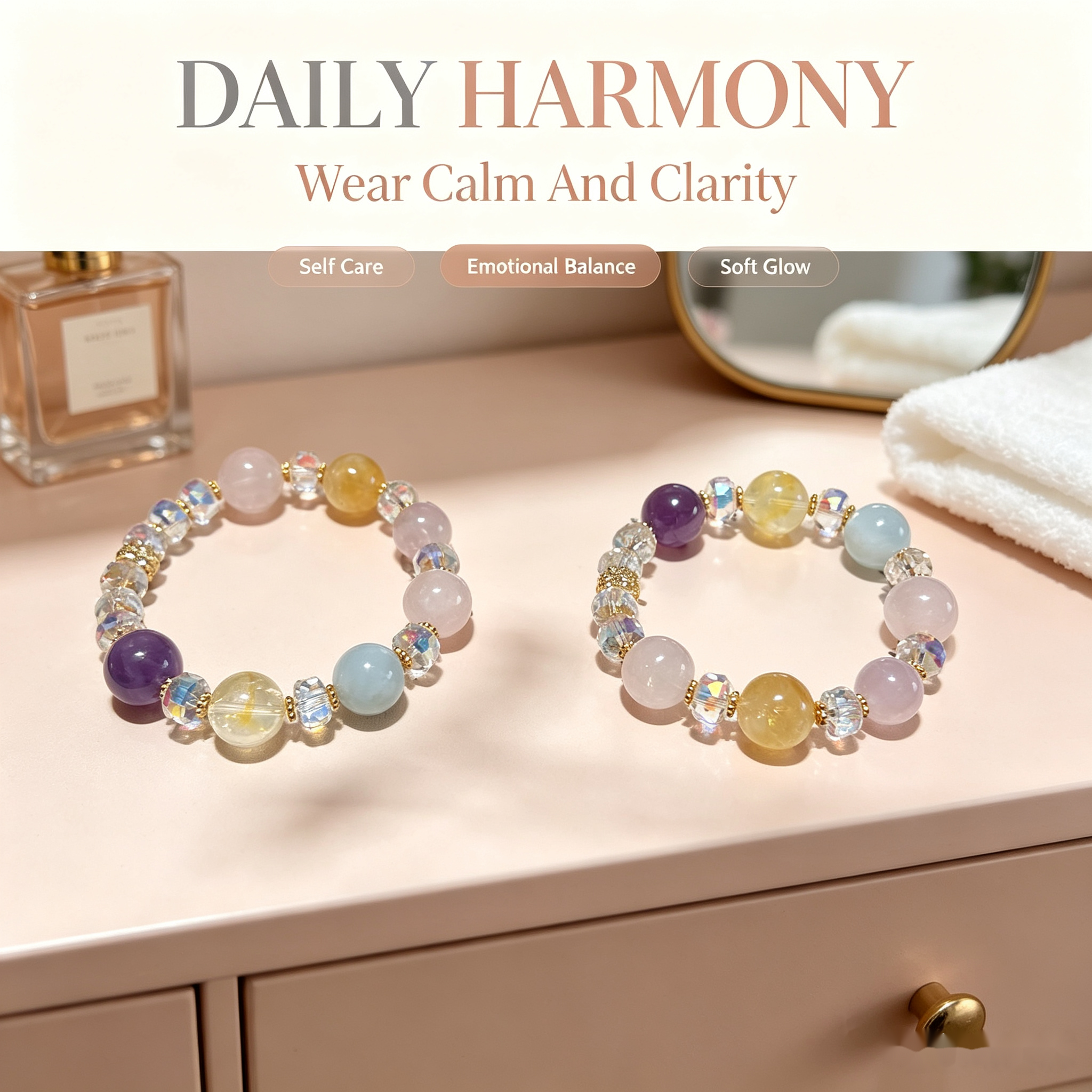 Daily Balance Multi-Crystal Bracelet — Rose Quartz, Citrine, Amethyst & Aquamarine — 14mm