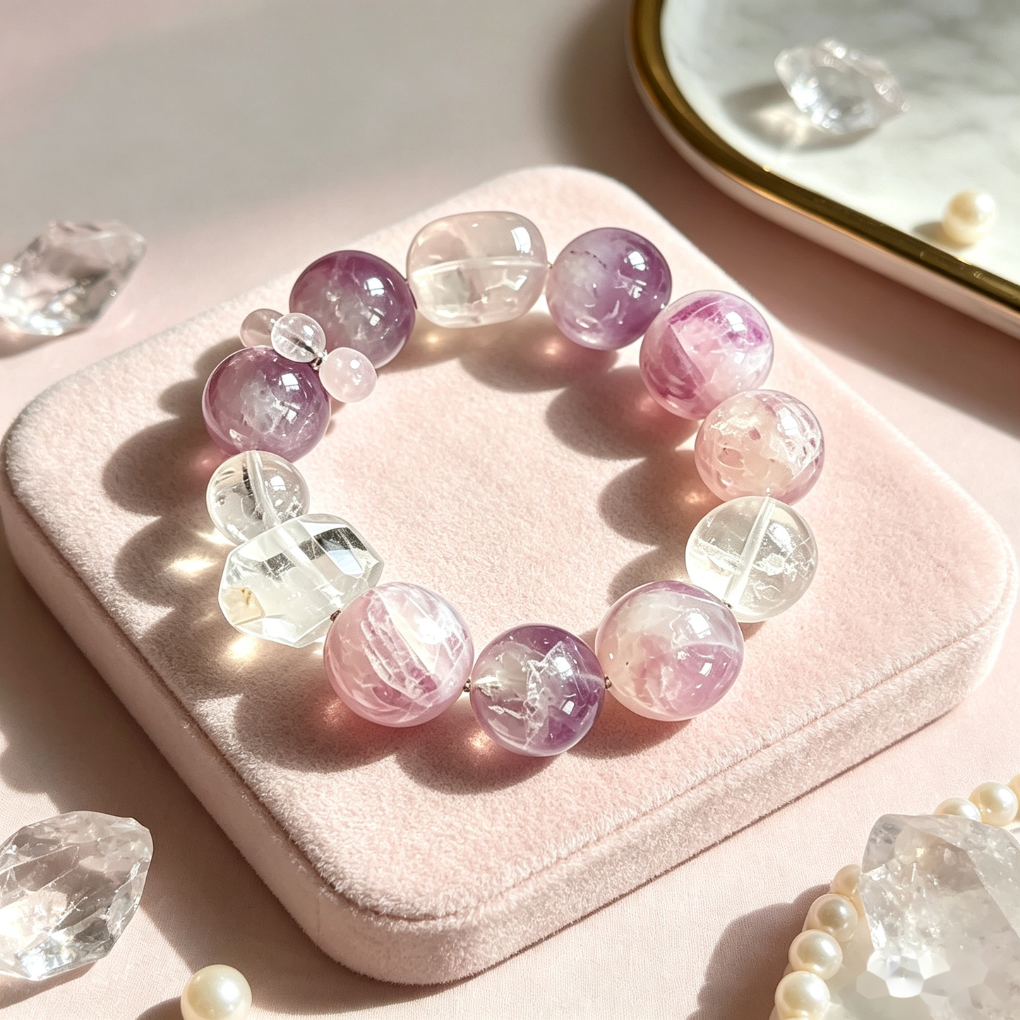 Lavender Love Crystal Bracelet — Amethyst & Rose Quartz — 12mm