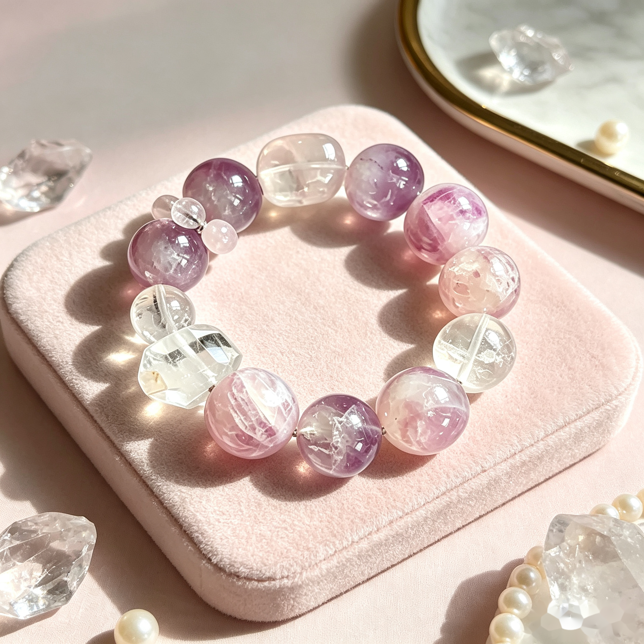 Lavender Love Crystal Bracelet — Amethyst & Rose Quartz — 12mm