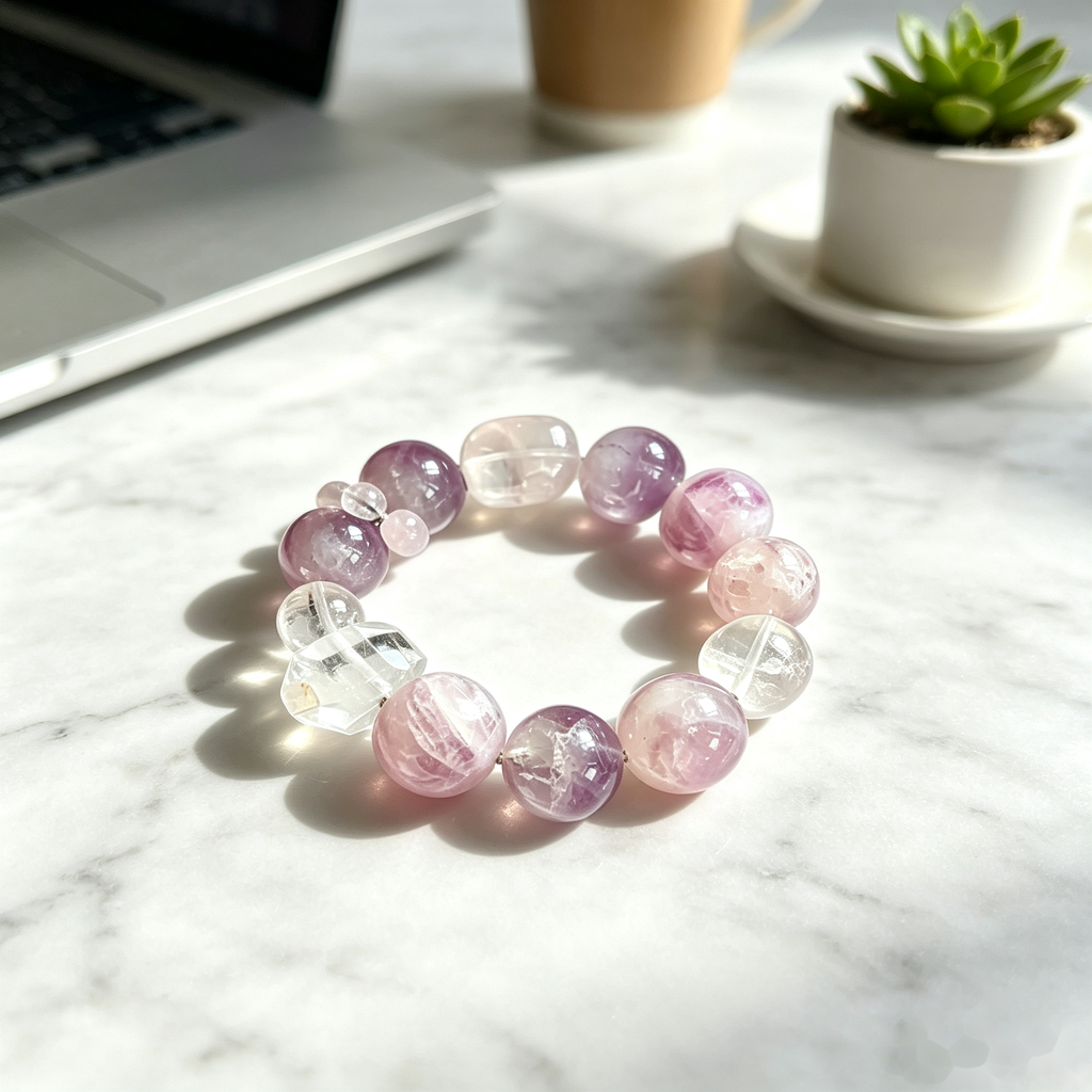 Lavender Love Crystal Bracelet — Amethyst & Rose Quartz — 12mm