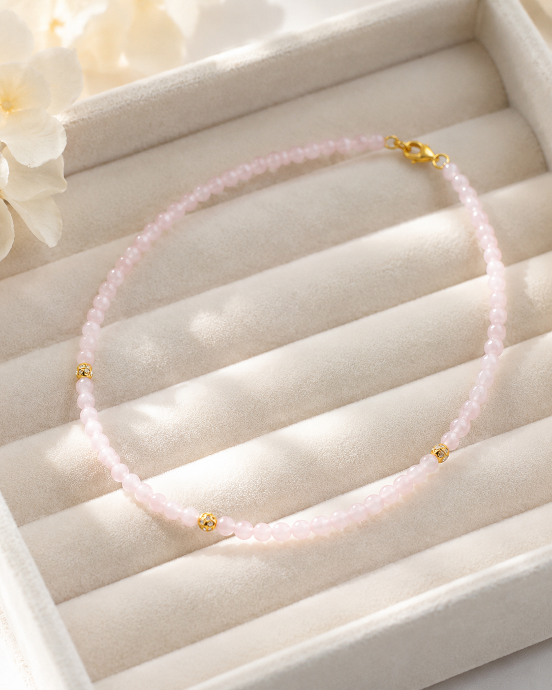 Jade Bead Necklace - White and Pink Tone