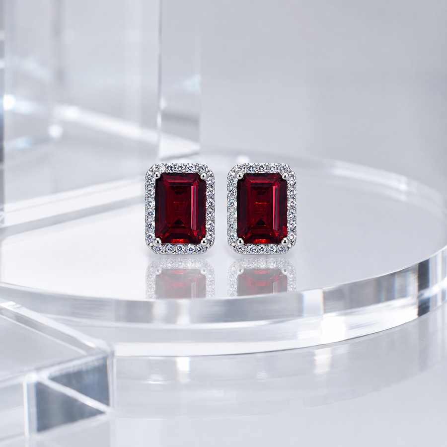 Natural Garnet Stud Earrings in 925 Sterling Silver, 5×7mm Gemstones