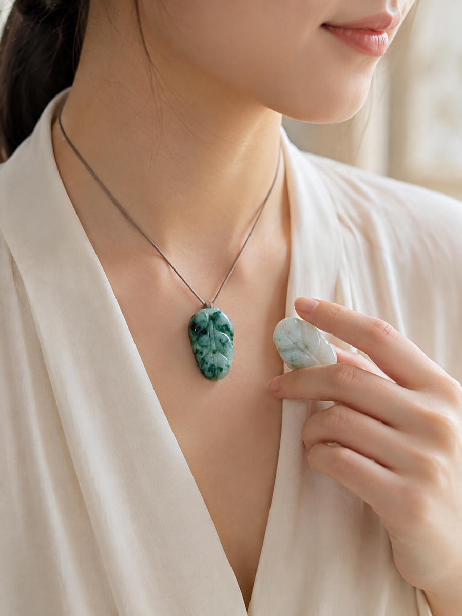 Jade Leaf Pendant - Floating Flower Pattern
