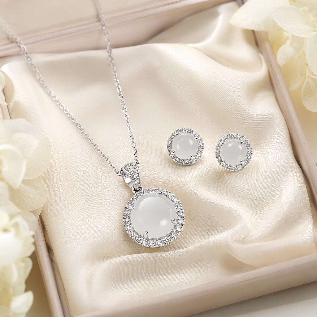 Natural Quartzite Jade Gift Set in 925 Silver - Pendant & Earrings