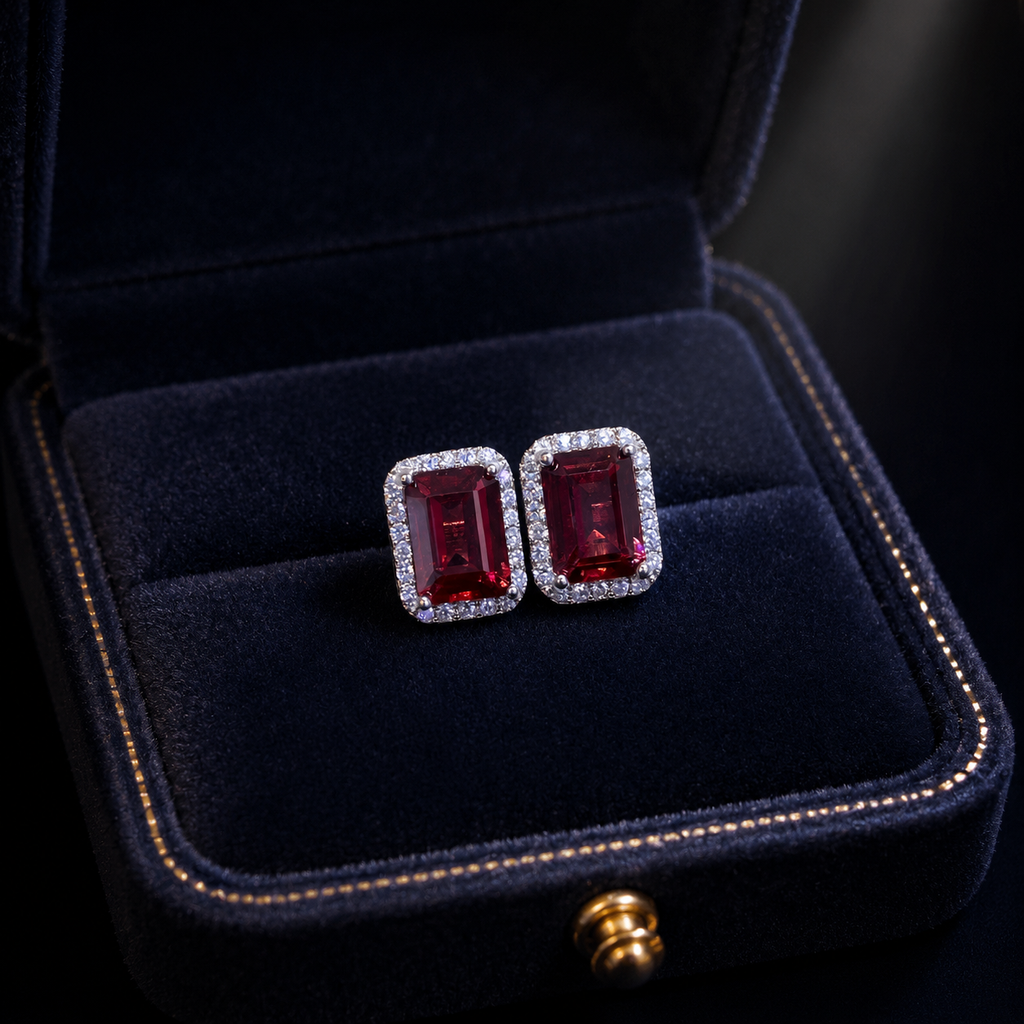 Natural Garnet Stud Earrings in 925 Sterling Silver, 5×7mm Gemstones