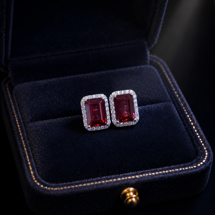 Natural Garnet Stud Earrings in 925 Sterling Silver, 5×7mm Gemstones