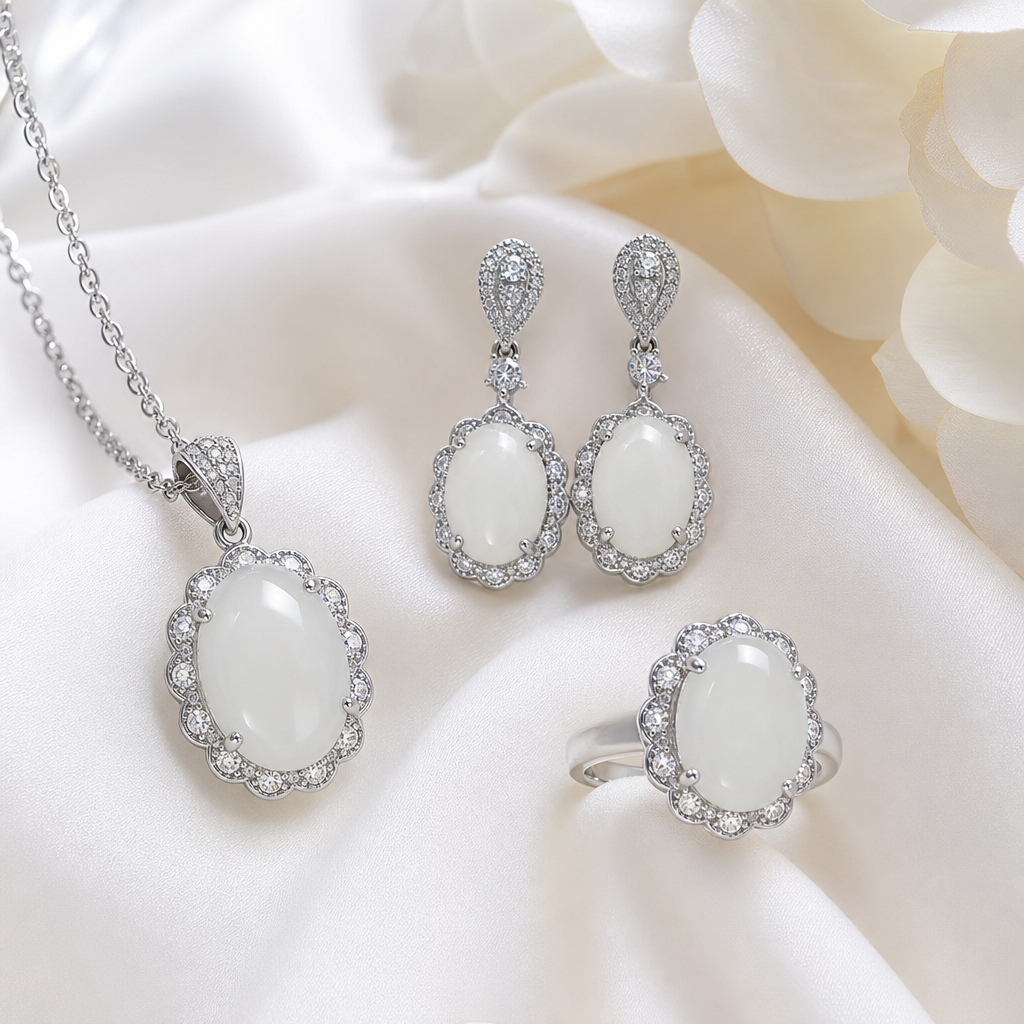 Natural Quartzite Jade Bridal Set in 925 Silver - Pendant, Earrings & Ring