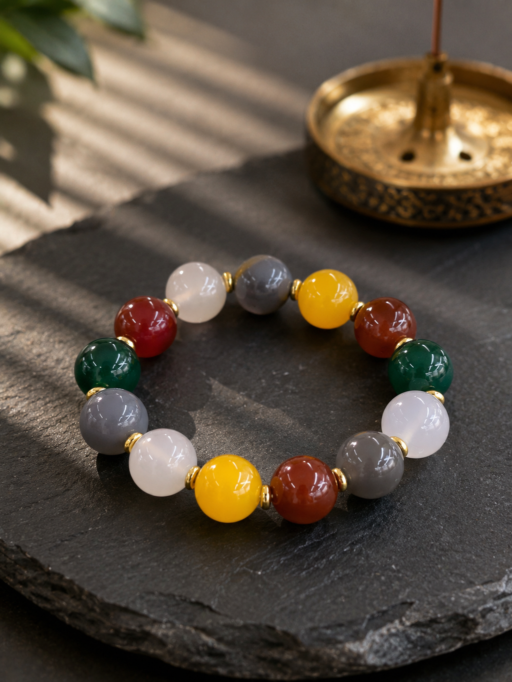 14mm Five Blessings Natural Agate Beaded Bracelet | Multi-Color Good Luck Jewelry