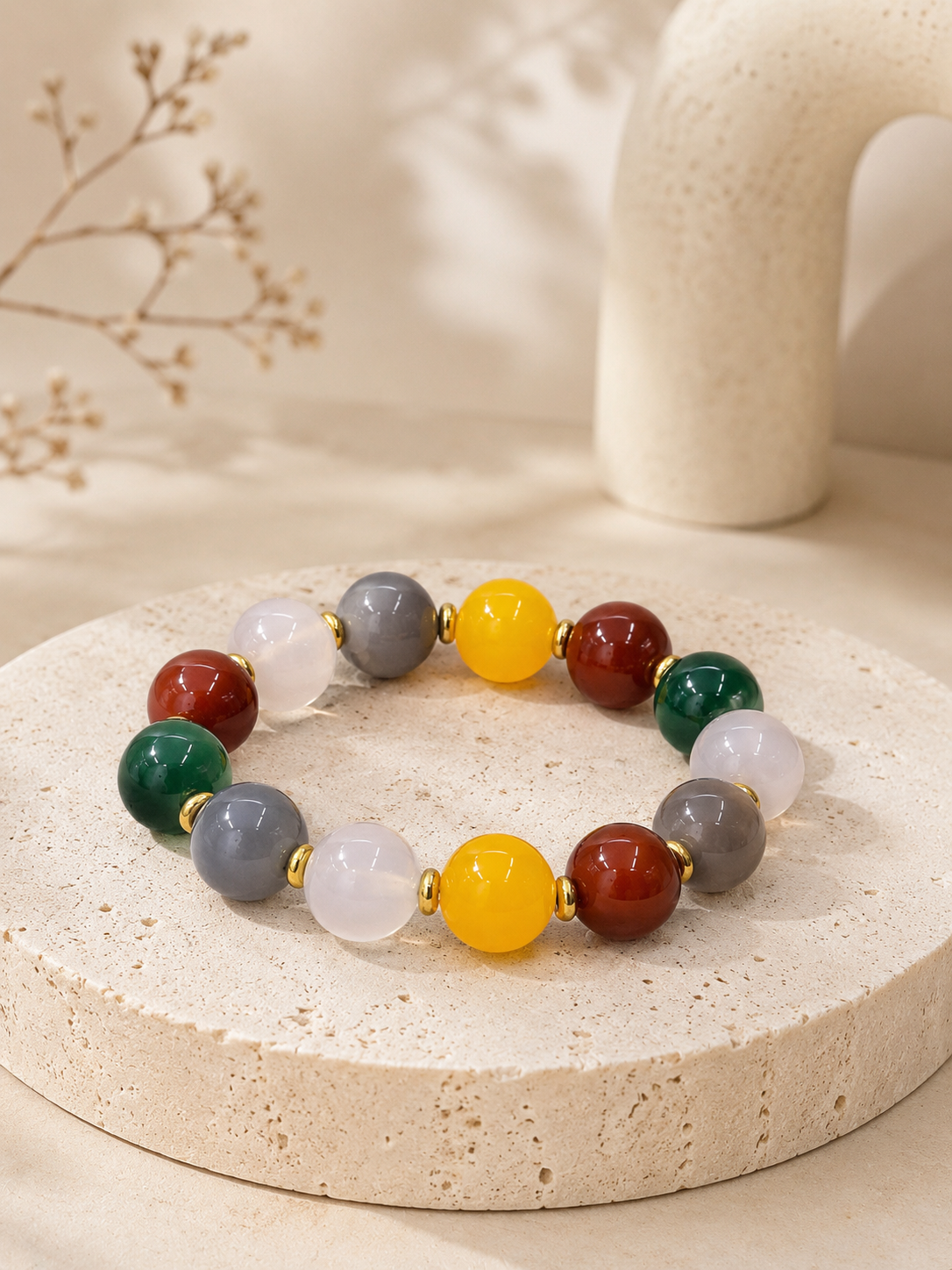 14mm Five Blessings Natural Agate Beaded Bracelet | Multi-Color Good Luck Jewelry