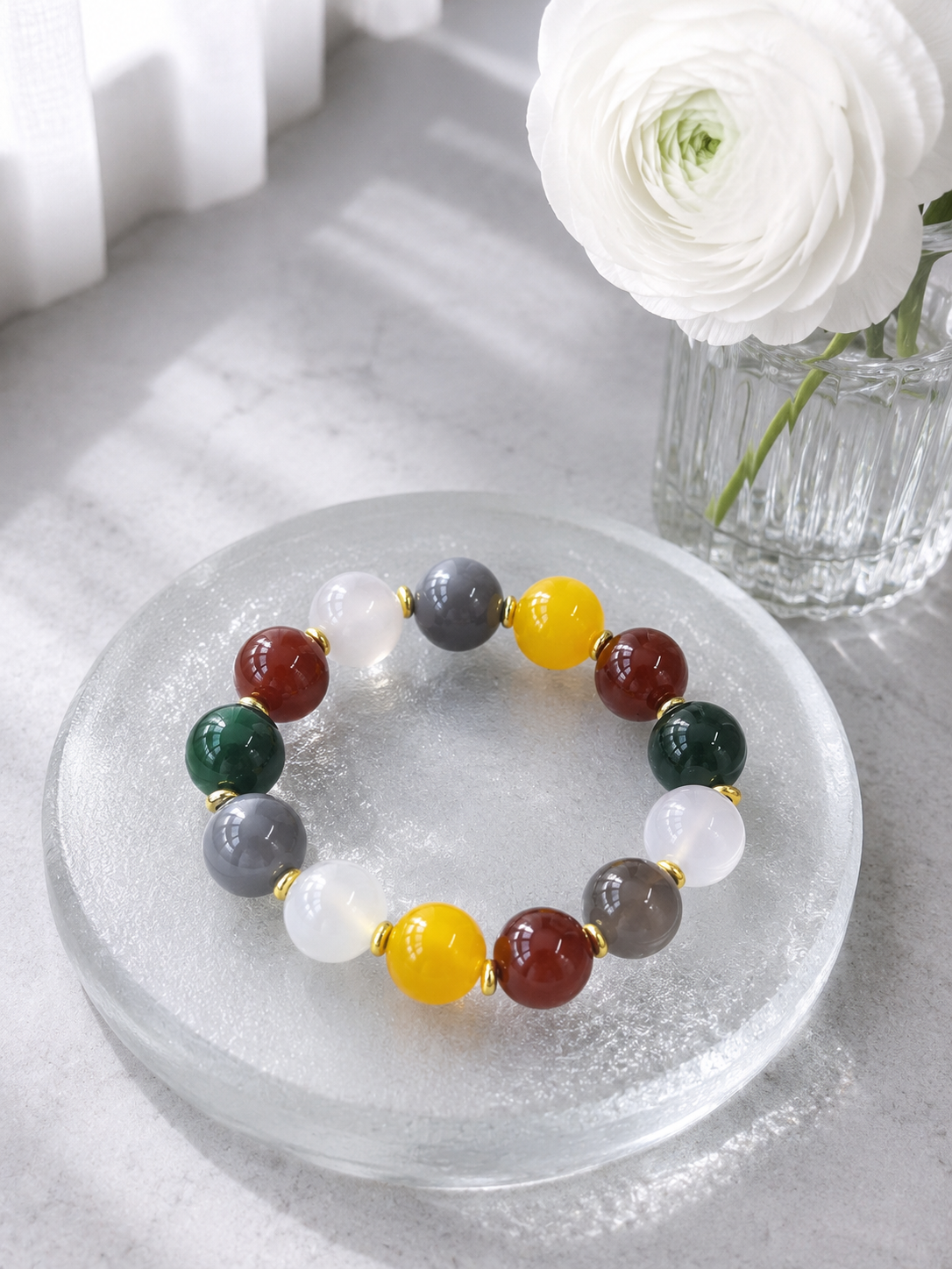 14mm Five Blessings Natural Agate Beaded Bracelet | Multi-Color Good Luck Jewelry
