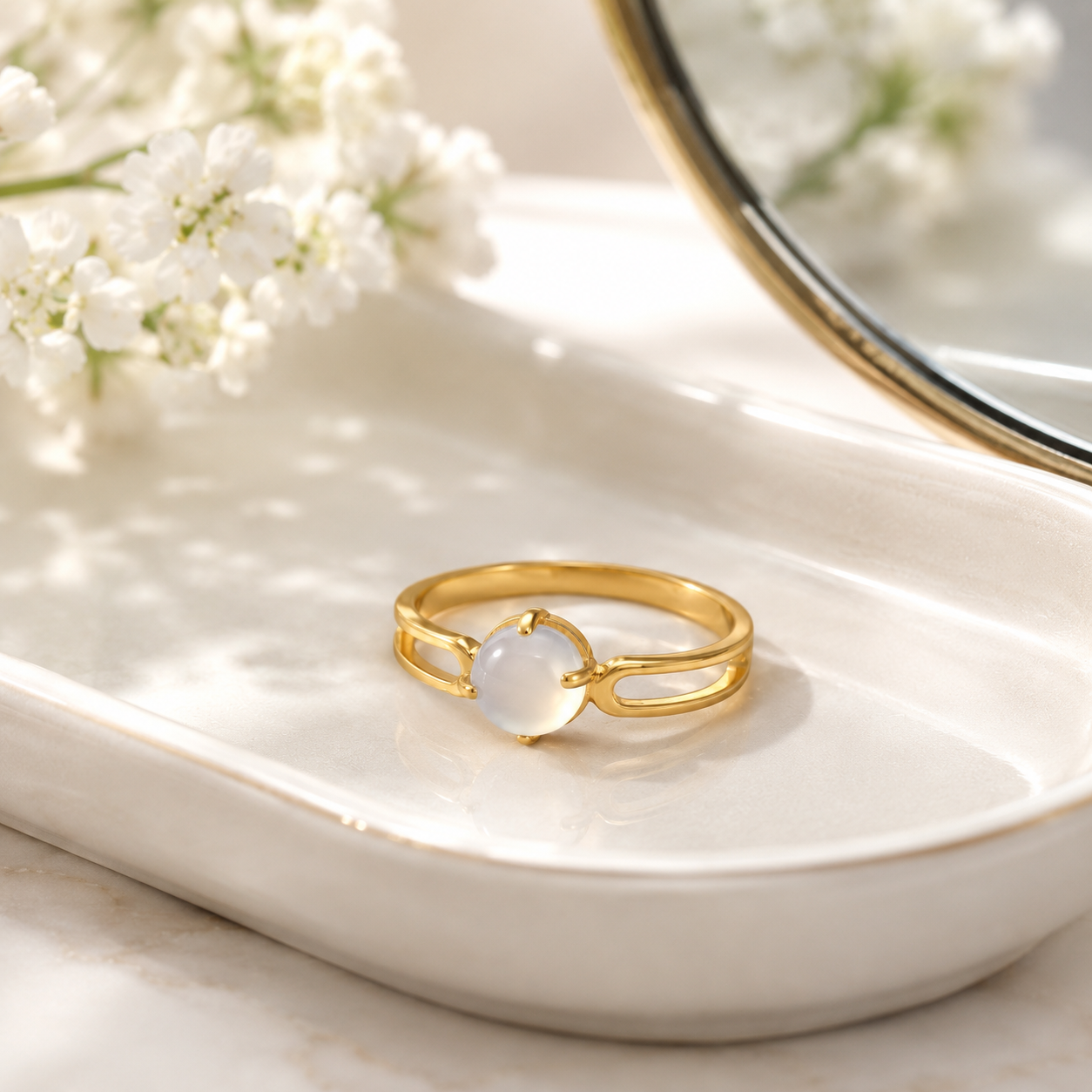 18K Gold Plated White Agate Ring | Dainty Minimalist Everyday Band
