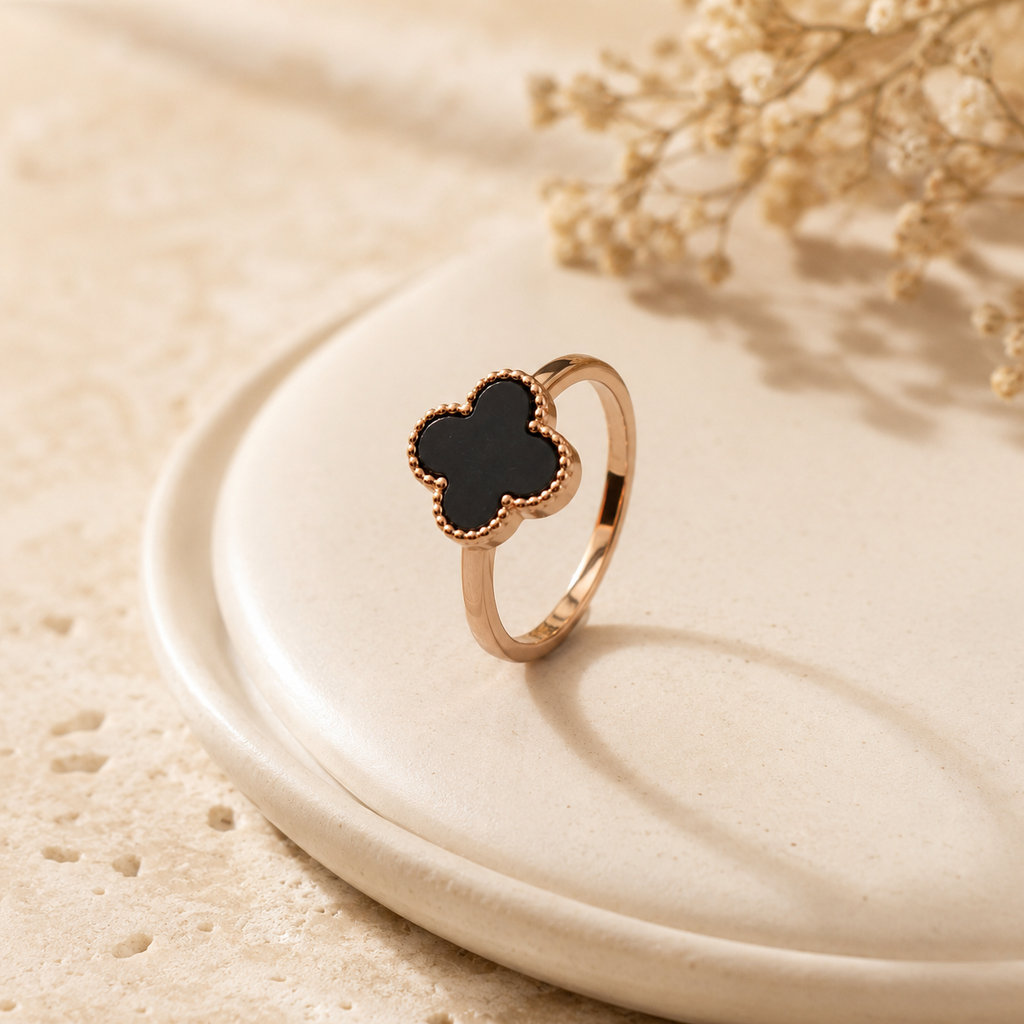 18K Rose Gold Plated Black Agate Clover Ring | Dainty Everyday Jewelry