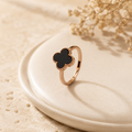 18K Rose Gold Plated Black Agate Clover Ring | Dainty Everyday Jewelry