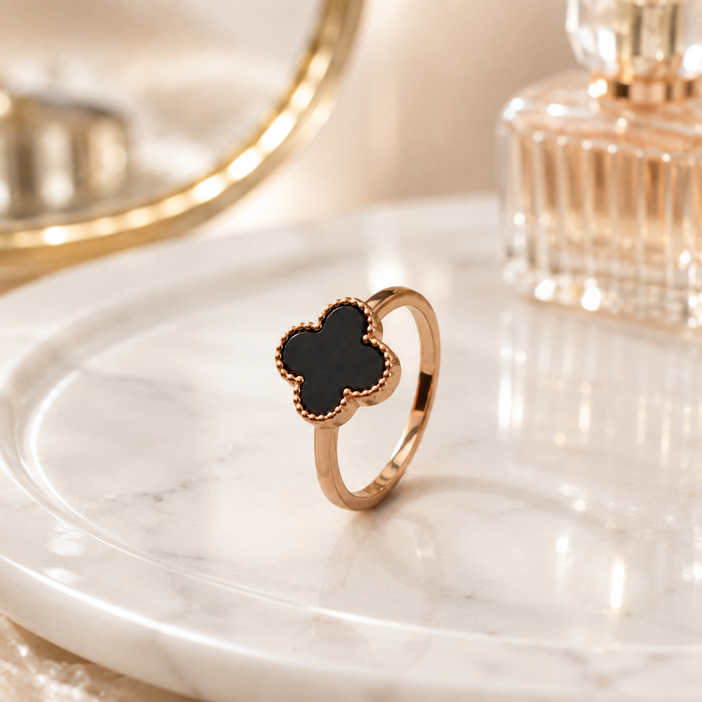 18K Rose Gold Plated Black Agate Clover Ring | Dainty Everyday Jewelry
