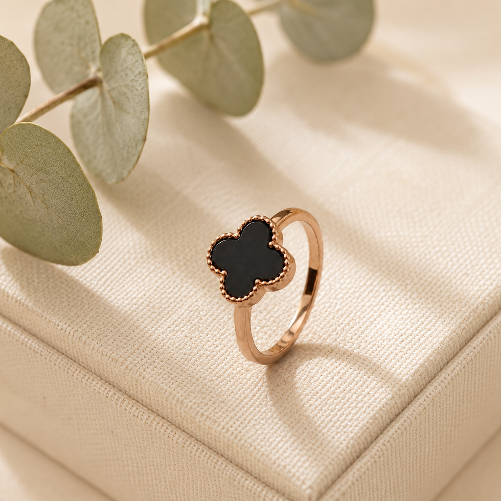 18K Rose Gold Plated Black Agate Clover Ring | Dainty Everyday Jewelry