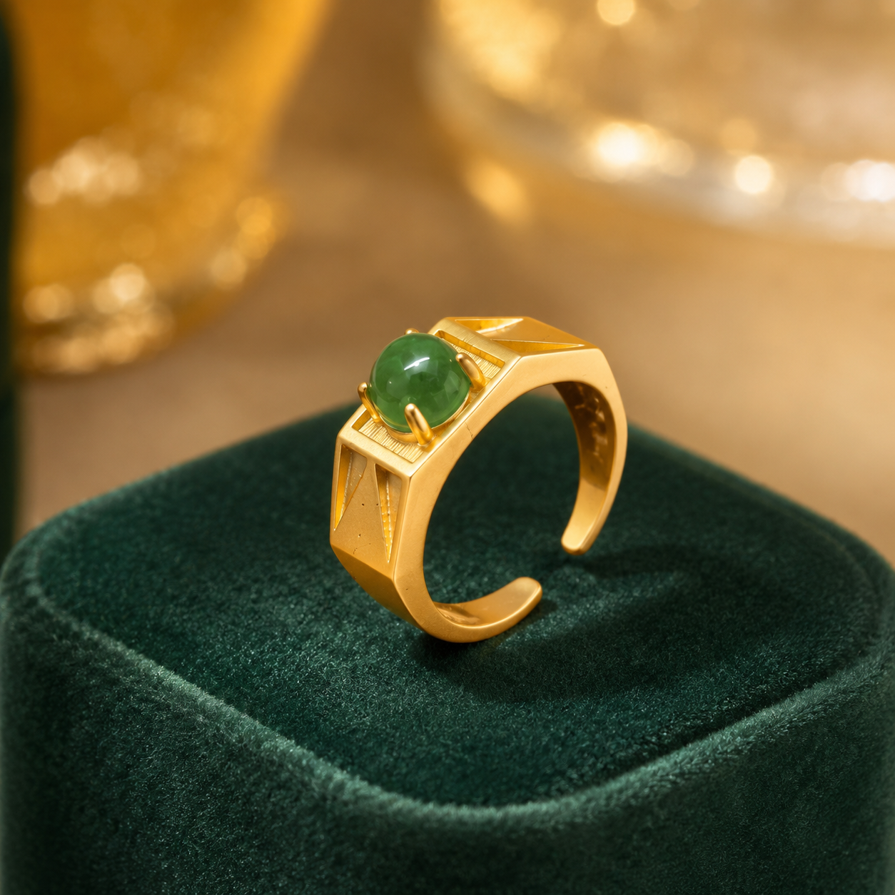 18K Gold Plated Green Agate Ring | Vintage Adjustable Signet Band